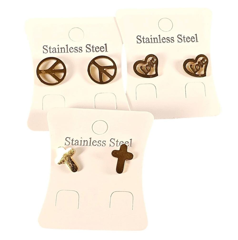 Stud Earrings Lot of 3 Pairs Mixed Designs Gold Tone Stainless Steel .44" Cross